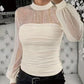 💎 50% OFF! 💎 Faux Pearl Embellished Sheer Mesh Top – Lantern Sleeves, Ruched Body & Elegant Allure ✨🤍