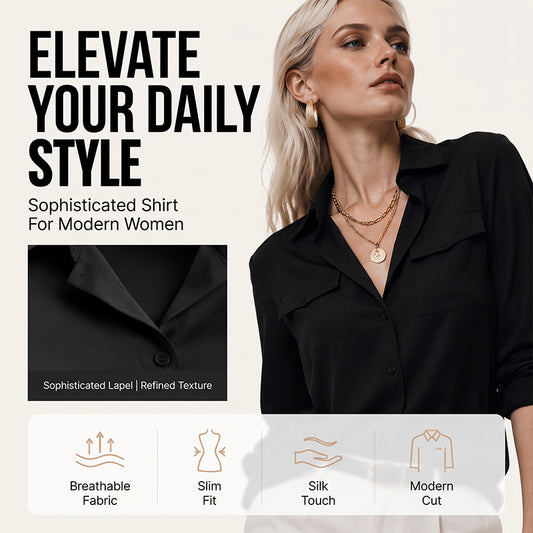 👔 LIMITED-TIME 50% OFF! 💥 Women's Solid Lapel Long Sleeve Button-Down Shirt – V-Neck, Chest Pockets, Loose Fit ✨