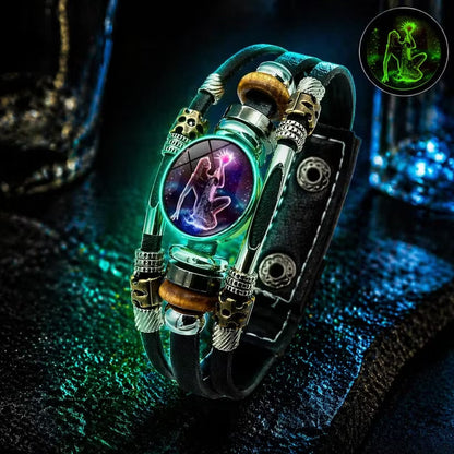 🎉 2026 Sale — Over 21 300 Sold!🔥 Glow‑in‑the‑dark Leather Zodiac Sign Bracelet