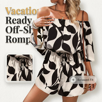 👗 LIMITED-TIME 50% OFF! ✨ Women's Off-Shoulder Shorts Jumpsuit – Abstract Print, Drawstring Waist, Vacation Ready 🌿