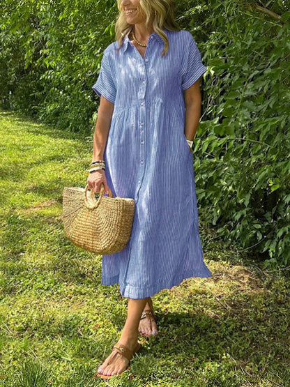 💎 50% OFF! 💎 Striped Lapel Button-Down Shirt Dress – Functional Pockets, Loose Fit & Timeless Elegance 🌟👗