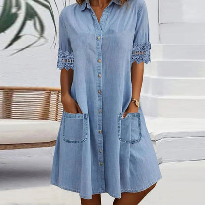 🎁Limited time 50% OFF⏳Blue Plain Collared Lace Trim Denim MIni Dress