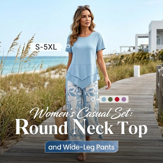 👗LIMITED-TIME 50% OFF! 🍃 Casual 2-Piece Set – Layered Tunic Top & Printed Wide-Leg Pants, Lightweight Polyester 🌸
