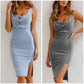 💎 50% OFF! 💎 Women's U-Neck Denim Bodycon Cami Dress – Adjustable Straps, Thigh-High Slit & Stretch Fit 🌞👖