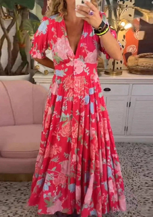 💎 50% OFF! 💎 V-Neck Floral Loose Maxi Dress – Button-Front, Elastic Back & Waist-Defining Silhouette 🌸👗