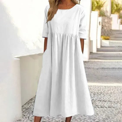 💎 60% OFF! 💎 Women's Casual Cotton-Linen Dress – Crew Neck, Pockets & Smocked Waist | Lightweight, Breathable & Effortlessly Chic 🌿👗