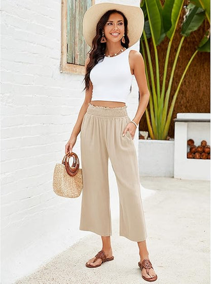 🍃 LIMITED-TIME 50% OFF! ✨ Women's Linen Smocked Capri Pants – Wide Leg, Breezy, High-Waist 🌾