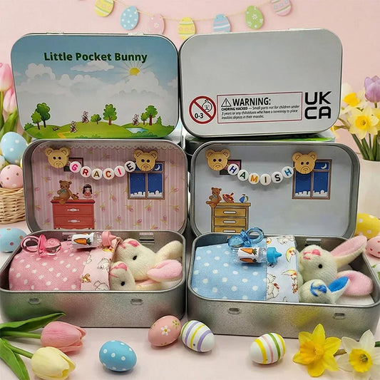 💎 50% OFF! 💎 Bunny Mummy & Baby Plush Pocket Tin – Handmade Easter Collectible with Cozy Blanket (Pink/Blue Ears) 🐇🎁