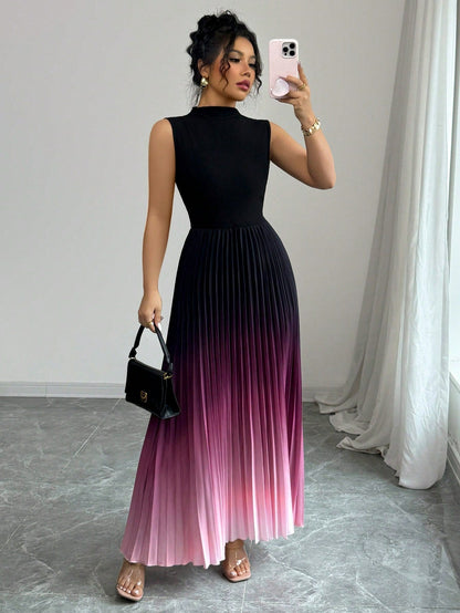 👗 LIMITED-TIME 50% OFF! ✨ Pleated Maxi Dress – Gradient, Mock Neck, A-Line, Sleeveless, Elegant ✨