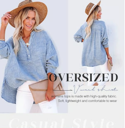 👚Women’s Casual Gauze Button Neck Long Sleeve Blouse