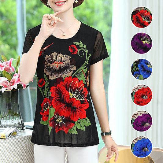 Women's Elegant Chiffon Short Sleeve Floral Print T-Shirt