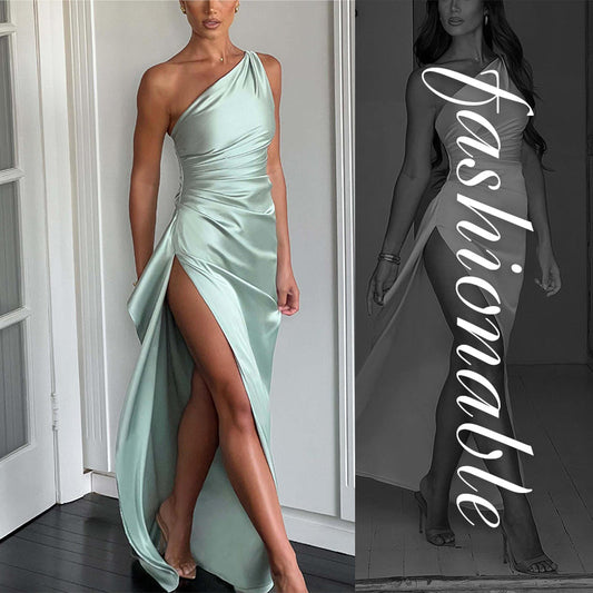 👗 LIMITED-TIME 50% OFF! ✨ Satin Maxi Dress – One Shoulder, Side Slit, Luxurious, Draped 🍷
