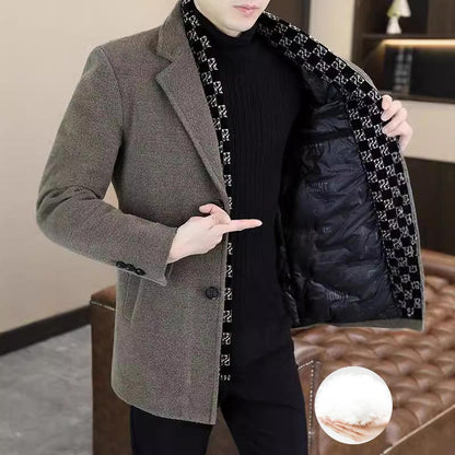 Men’s Stylish Notched Lapel Winter Tweed Jacket with White Duck Down Lining