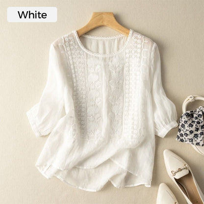 🎉 2026 Sale — Over 32,000 Sold! 💞 Women's Thin Embroidery Breathable Cotton Linen Short Sleeve Crew Neck Shirt