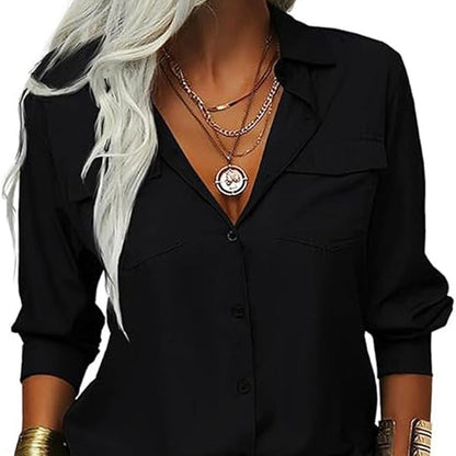 👔 LIMITED-TIME 50% OFF! 💥 Women's Solid Lapel Long Sleeve Button-Down Shirt – V-Neck, Chest Pockets, Loose Fit ✨