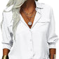 👔 LIMITED-TIME 50% OFF! 💥 Women's Solid Lapel Long Sleeve Button-Down Shirt – V-Neck, Chest Pockets, Loose Fit ✨