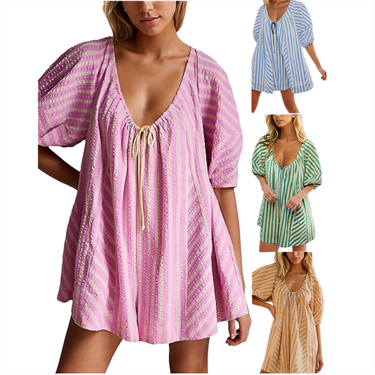🌼 LIMITED-TIME 50% OFF! 👗 Puff Sleeve V-Neck Romper for Women – Loose Fit, Adjustable Neck, Striped 🌿