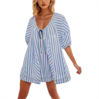 🌼 LIMITED-TIME 50% OFF! 👗 Puff Sleeve V-Neck Romper for Women – Loose Fit, Adjustable Neck, Striped 🌿
