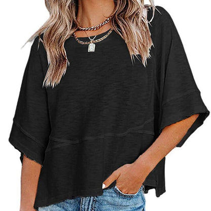 👚 LIMITED-TIME 50% OFF! 🌸 Women's Loose Flare Sleeve T-Shirt – Solid Color, Patchwork, Soft & Breathable 🍃