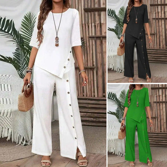💎 -50% ON CHIC 2-PIECE SET! 💎 Irregular Hem Top & Wide Leg Pants with Unique Button Detail 👖✨