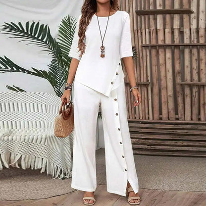 💎 -50% ON CHIC 2-PIECE SET! 💎 Irregular Hem Top & Wide Leg Pants with Unique Button Detail 👖✨
