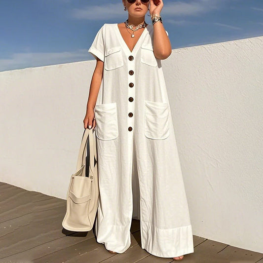👗 LIMITED-TIME 50% OFF! 💥 Women's Fashion V-Neck Loose Jumpsuit – Wide Leg, Pockets, Breathable ✨