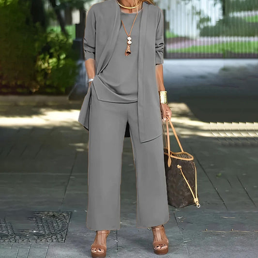 💎 55% OFF! 💎 Elegant Women's Relaxed Fit 3-Piece Set – Minimalist Wide-Leg Pants, Cardigan & Top in Luxe Stretch Fabric 🌟👚