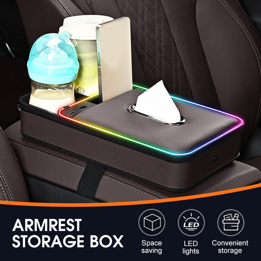 🚗 50% DE DESCUENTO! ✨ Caja de Almacenamiento para Reposabrazos con Luz LED Ambiental - Organizador Multifunción con Puerta Deslizante para Automóvil 🔌📦