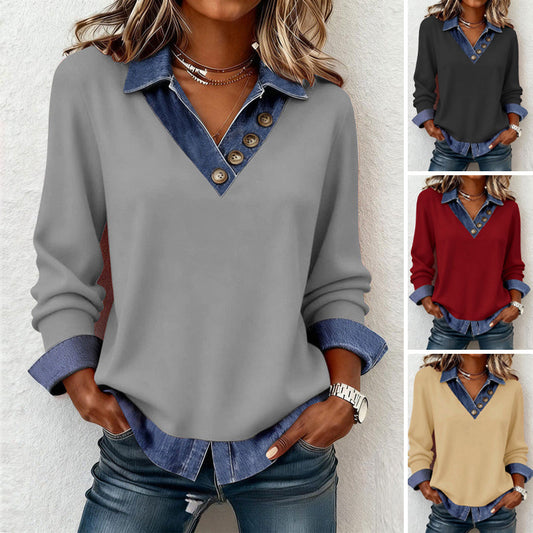 🎉👚 60% off ⚡ Women's Patchwork Denim Collar Faux 2-Piece Top – Effortless Layered Look, V-Neck & Premium Comfort! 🌸👖