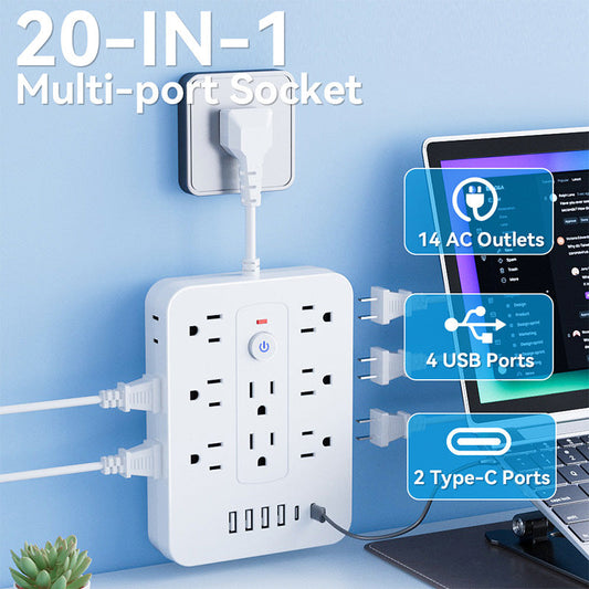 💎 50% OFF! 💎 20-in-1 Power Strip with Overload Protection – 14 AC + 4 USB + 2 Type-C, Wall-Mountable & Space-Saving 🔌⚡