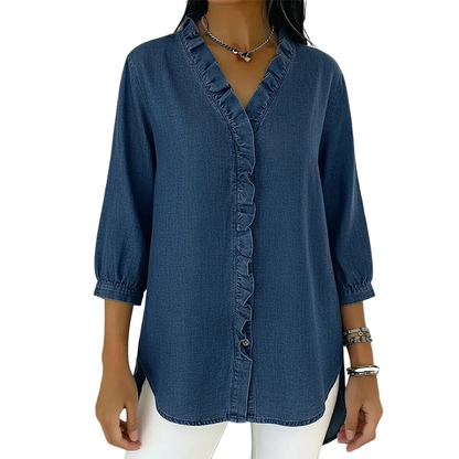 💎 60% OFF! 💎 Women’s Ruffle V-Neck Shirt – Soft & Breathable with Flattering High-Low Hem ✨👚