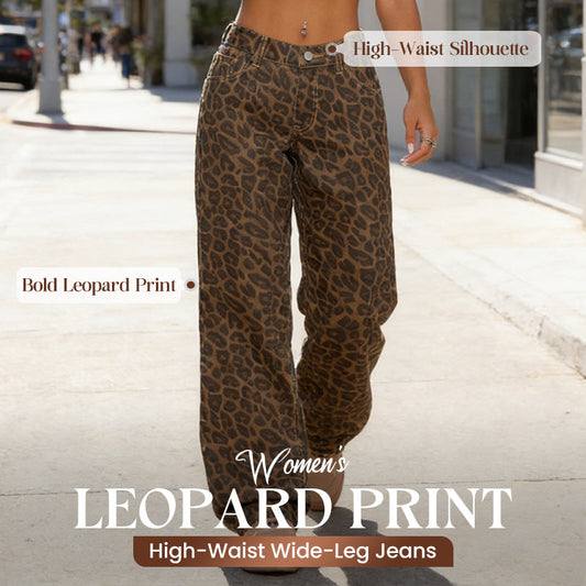 🐆 50% OFF NOW! Women's High-Waist Wide-Leg Jeans – Bold Leopard Print, Relaxed Fit & Classic 5-Pocket Design 👖✨