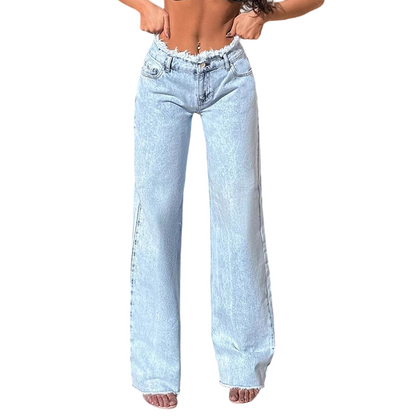✨🔥 60% di sconto! Jeans a vita alta e gamba larga con orlo sfilacciato – Silhouette allungata, look moderno e comfort tutto il giorno