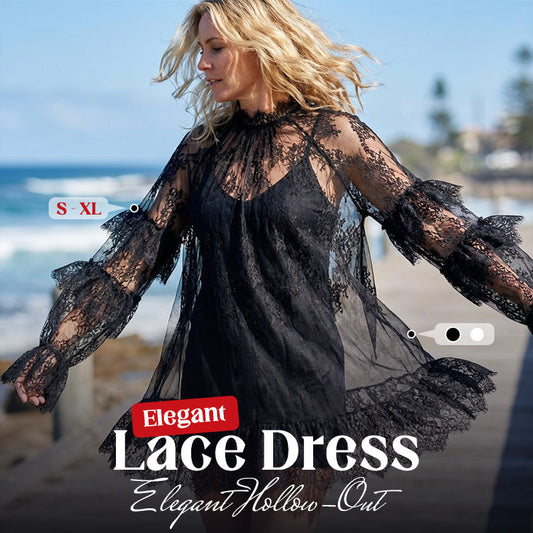 👗 LIMITED-TIME 50% OFF! ✨ Elegant Hollow-Out Lace Dress – Ruffle Sleeves, Flowy, Romantic 🌸