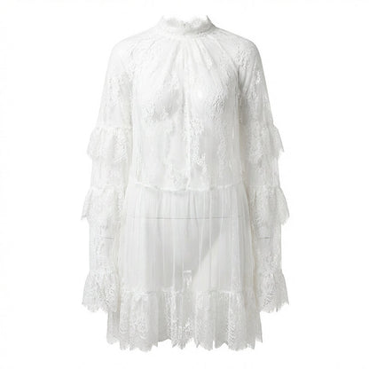 👗 LIMITED-TIME 50% OFF! ✨ Elegant Hollow-Out Lace Dress – Ruffle Sleeves, Flowy, Romantic 🌸