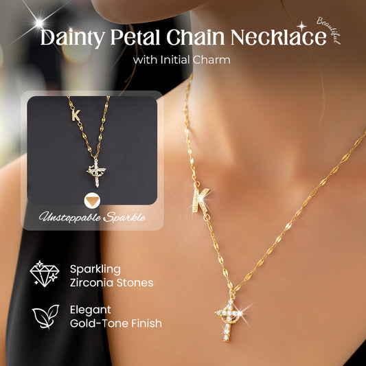 💎 LIMITED-TIME 60% OFF! ✨ Dainty Initial Necklace with Cross – Adjustable Petal Chain, Sparkling Charm ✝️