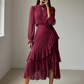 💎 55% OFF! 💎 Women's Keyhole Neckline Ruffled Midi Dress – Pleated Silhouette, Sheer Sleeves & Romantic Asymmetrical Hem 💃