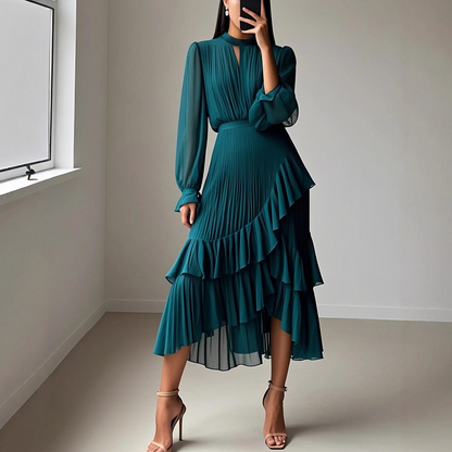 💎 55% OFF! 💎 Women's Keyhole Neckline Ruffled Midi Dress – Pleated Silhouette, Sheer Sleeves & Romantic Asymmetrical Hem 💃