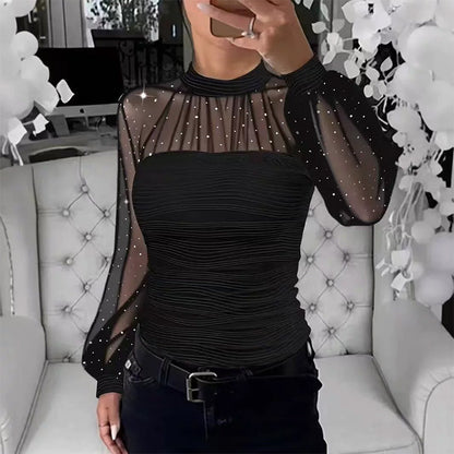 💎 50% OFF! 💎 Faux Pearl Embellished Sheer Mesh Top – Lantern Sleeves, Ruched Body & Elegant Allure ✨🤍