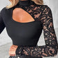 💎 50% OFF! 💎 Women's Asymmetrical Cutout Lace Sleeve Top – Slim Fit, Mock Neck & Romantic Keyhole Back Detail 👗🖤