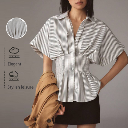 💎 60% OFF! 💎 Elegant Striped Pleated Tunic Top for Women – Smocked Peplum Waist, Vertical Stripes & Flutter Sleeves 🌸✨