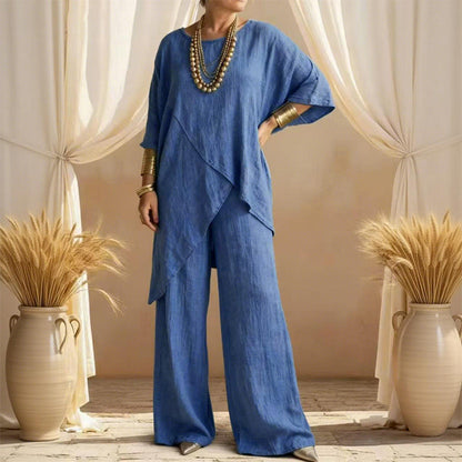 💎 55% OFF! 💎 Women's Two-Piece Loose Fit Outfit – Asymmetrical Top + Wide-Leg Pants, Lightweight & Wrinkle-Resistant 🌸🌿
