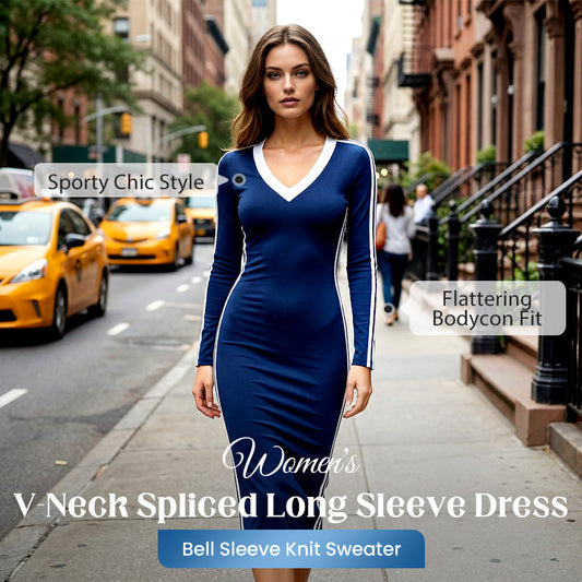 👗50% OFF! Women's Casual V-Neck Spliced Long Sleeve Bodycon Dress – Sporty Stripe Detail & Flattering Fit for Every Season! 🌟