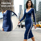 👗50% OFF! Women's Casual V-Neck Spliced Long Sleeve Bodycon Dress – Sporty Stripe Detail & Flattering Fit for Every Season! 🌟