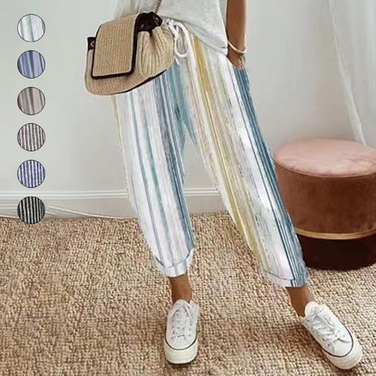 👖 LIMITED-TIME 50% OFF! 💥 Striped Linen Cotton Trousers for Women – Elastic Waist, Wide Leg, Breathable ✨