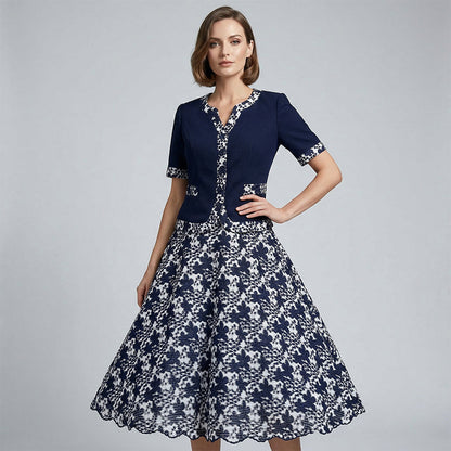 💎 60% OFF! 💎 Elegant Floral Print A-Line Dress – Faux Two-Piece Look, Navy & White, Wrinkle-Resistant (S–5XL) 👗💙
