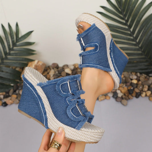 💎 50% OFF! 💎 Women's Casual Denim Platform Slide Sandals – 10cm Comfort Heel, Non-Slip Sole & Adjustable Buckle 👟💙