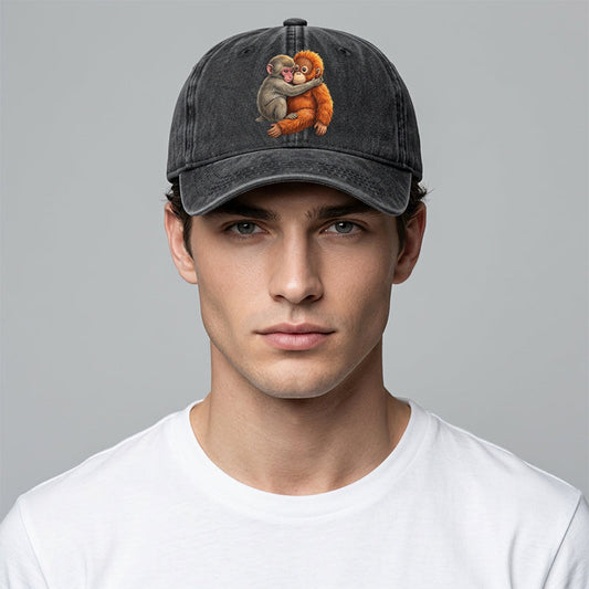 💎 40% OFF! 💎 Vintage Cute Animal Print Baseball Cap – Adjustable, Soft Washed Fabric & Adorable Monkey Hug Design 🐒❤️