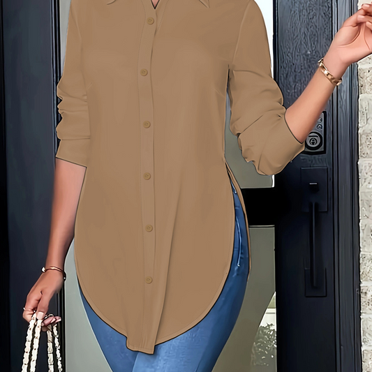 💎 50% OFF! 💎 Women's Long Sleeve Shirt with High-Low Hem – Elegant Button-Down, Side Slits & Premium Soft Fabric 👚✨