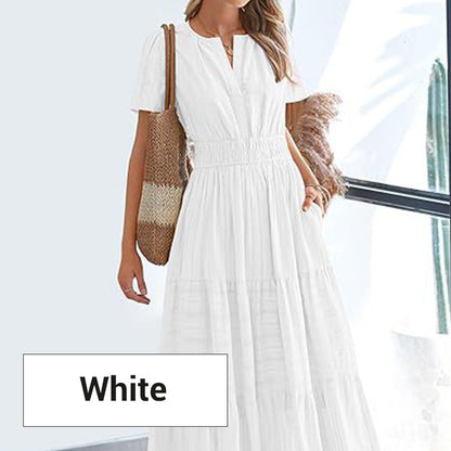 💎 50% OFF! 💎 Women's Boho Chic Smocked Waist Maxi Dress – Flowy Tiered Skirt, Notched V-Neck & Breathable Fabric